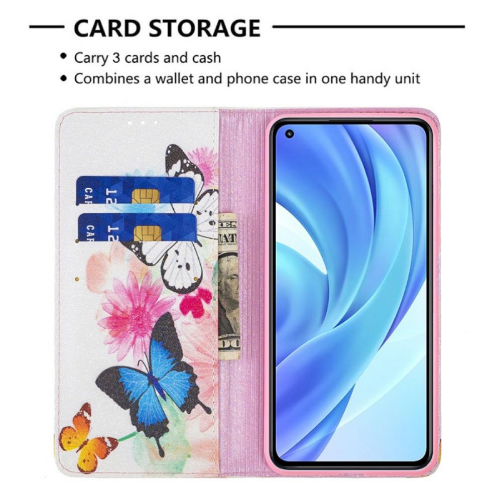 Leren Hoesje voor Xiaomi Mi 11 Lite 5G NE / Mi 11 Lite 4G / 5G Geschilderde Vlinders En Bloemen