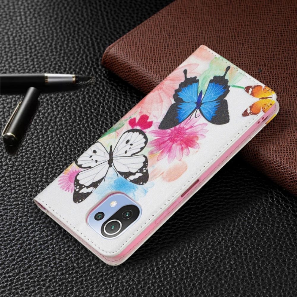 Leren Hoesje voor Xiaomi Mi 11 Lite 5G NE / Mi 11 Lite 4G / 5G Geschilderde Vlinders En Bloemen