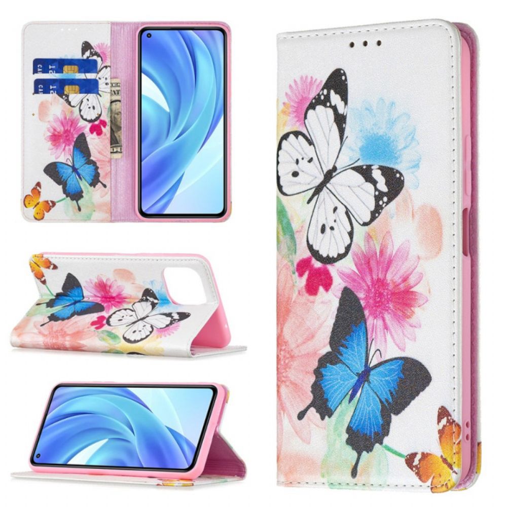 Leren Hoesje voor Xiaomi Mi 11 Lite 5G NE / Mi 11 Lite 4G / 5G Geschilderde Vlinders En Bloemen