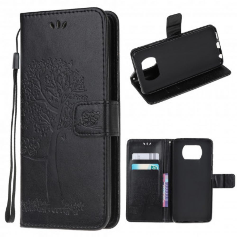 Folio-hoesje voor Poco X3 / X3 Pro / X3 NFC Met Ketting Boom En Uilen Met Bandjes