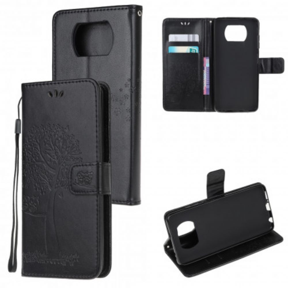Folio-hoesje voor Poco X3 / X3 Pro / X3 NFC Met Ketting Boom En Uilen Met Bandjes