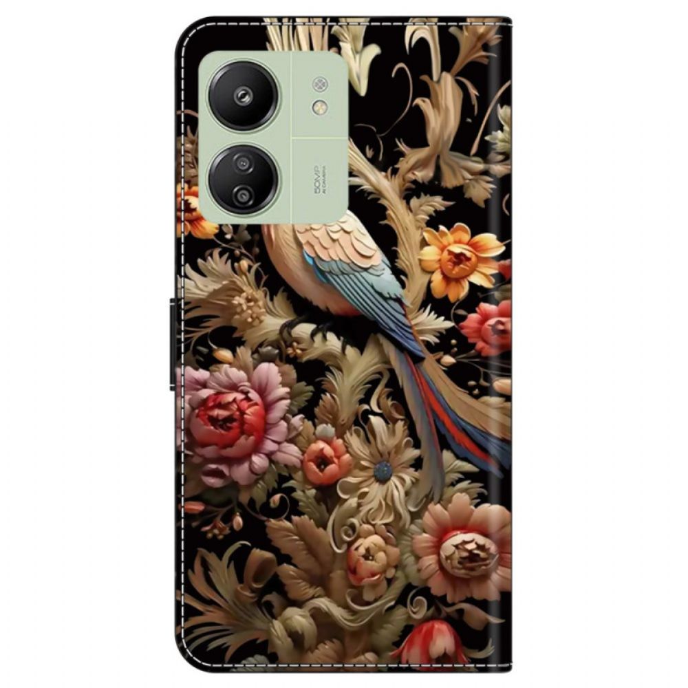 Flip Case Leren Poco C65 Vintage Bloem En Vogel