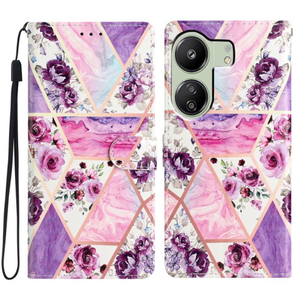 Leren Hoesje Voor Poco C65 Paarse Bloemen Met Riempje