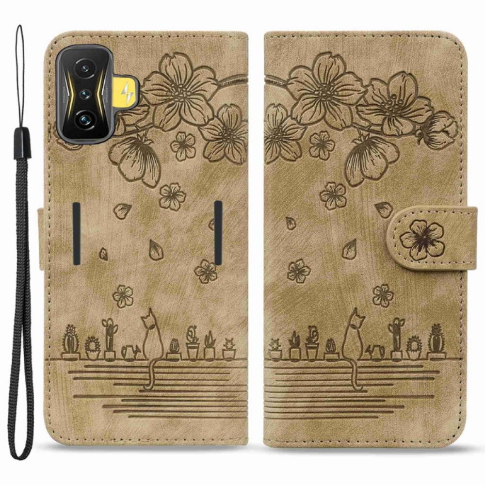 Leren Hoesje voor Poco F4 GT Met Ketting Thong Bloemen Kat