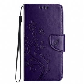 Flip Case Leren Poco C75 Bloemen En Vlinders Met Koord