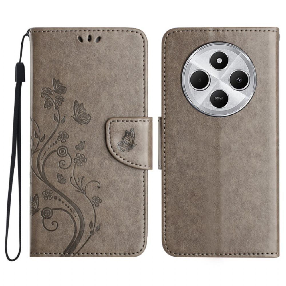 Flip Case Leren Poco C75 Bloemen En Vlinders Met Koord