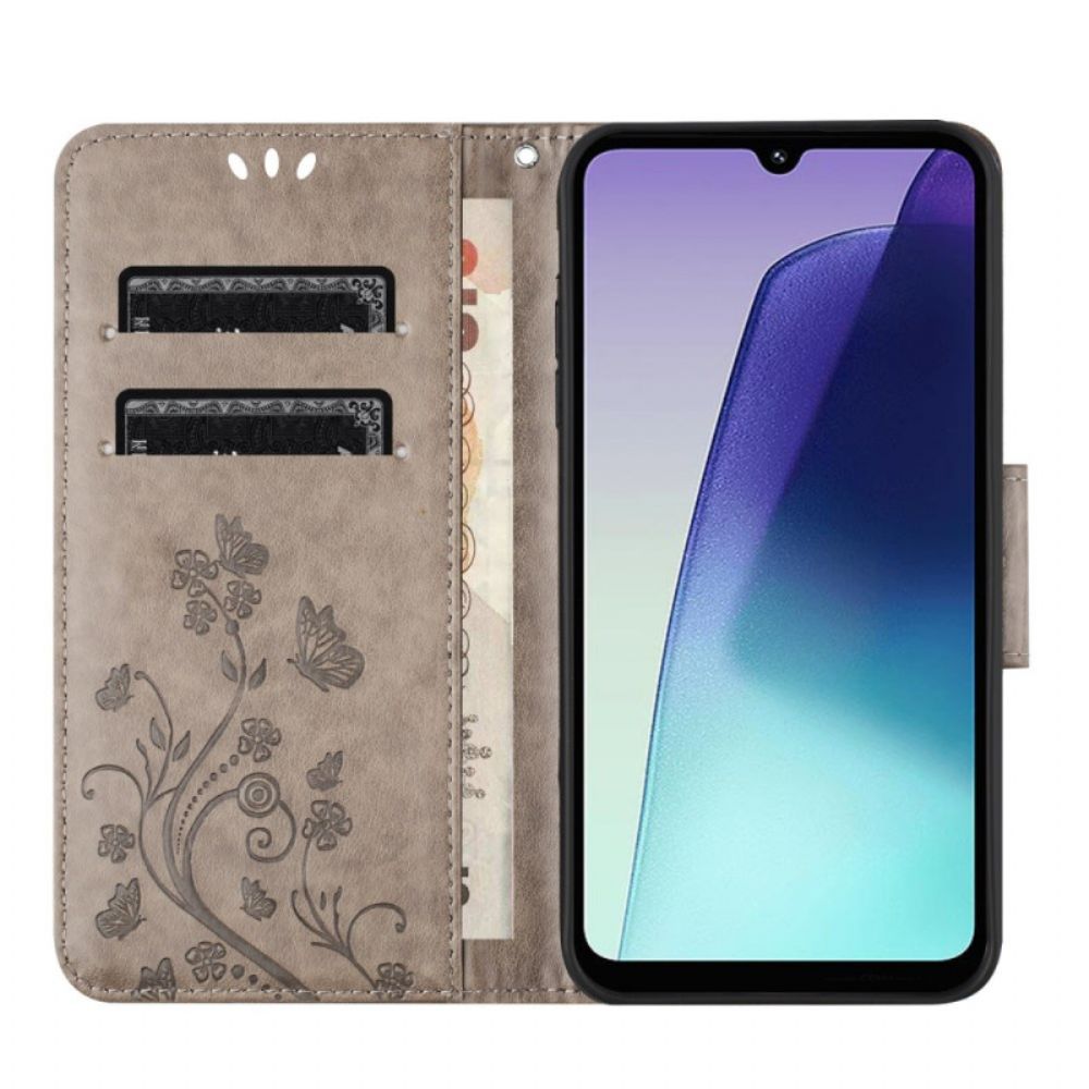 Flip Case Leren Poco C75 Bloemen En Vlinders Met Koord