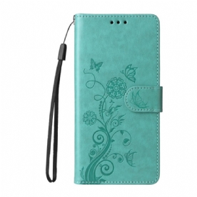 Folio-hoesje Poco C75 Bloemen En Vlinders Met Koord