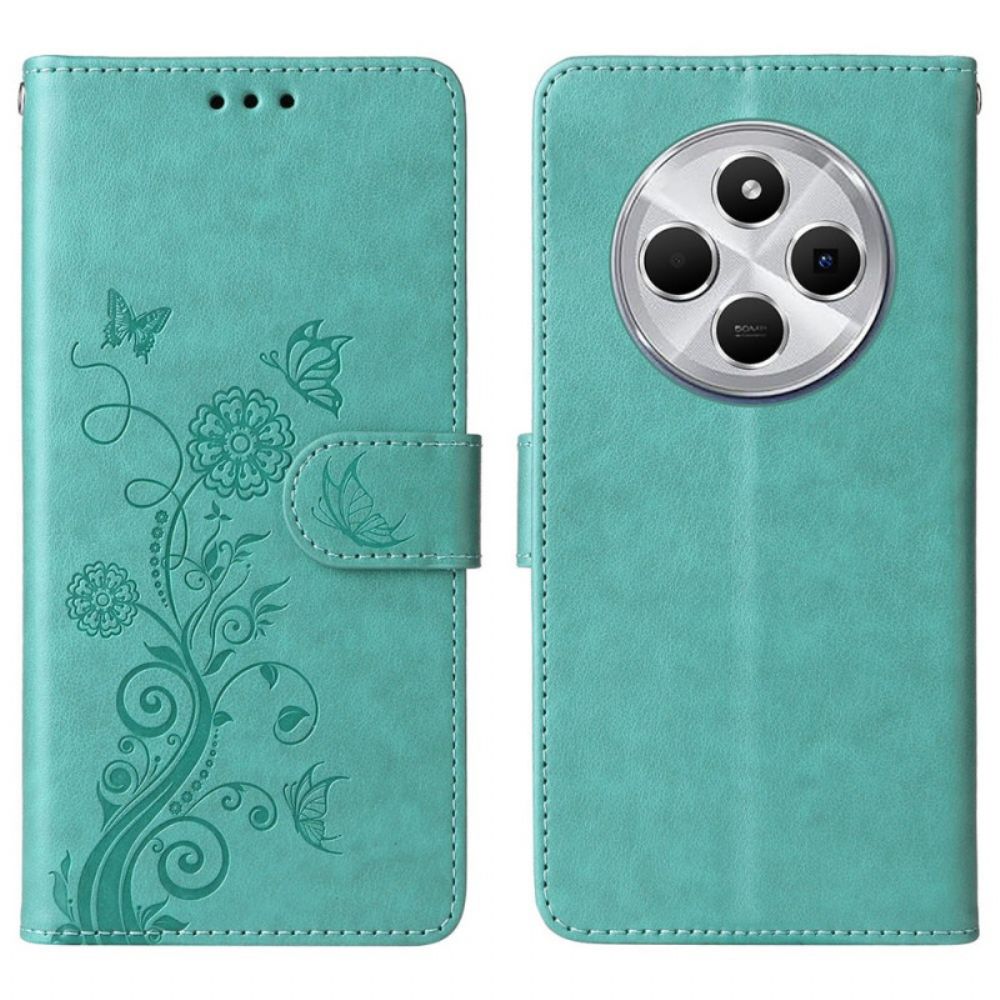 Folio-hoesje Poco C75 Bloemen En Vlinders Met Koord