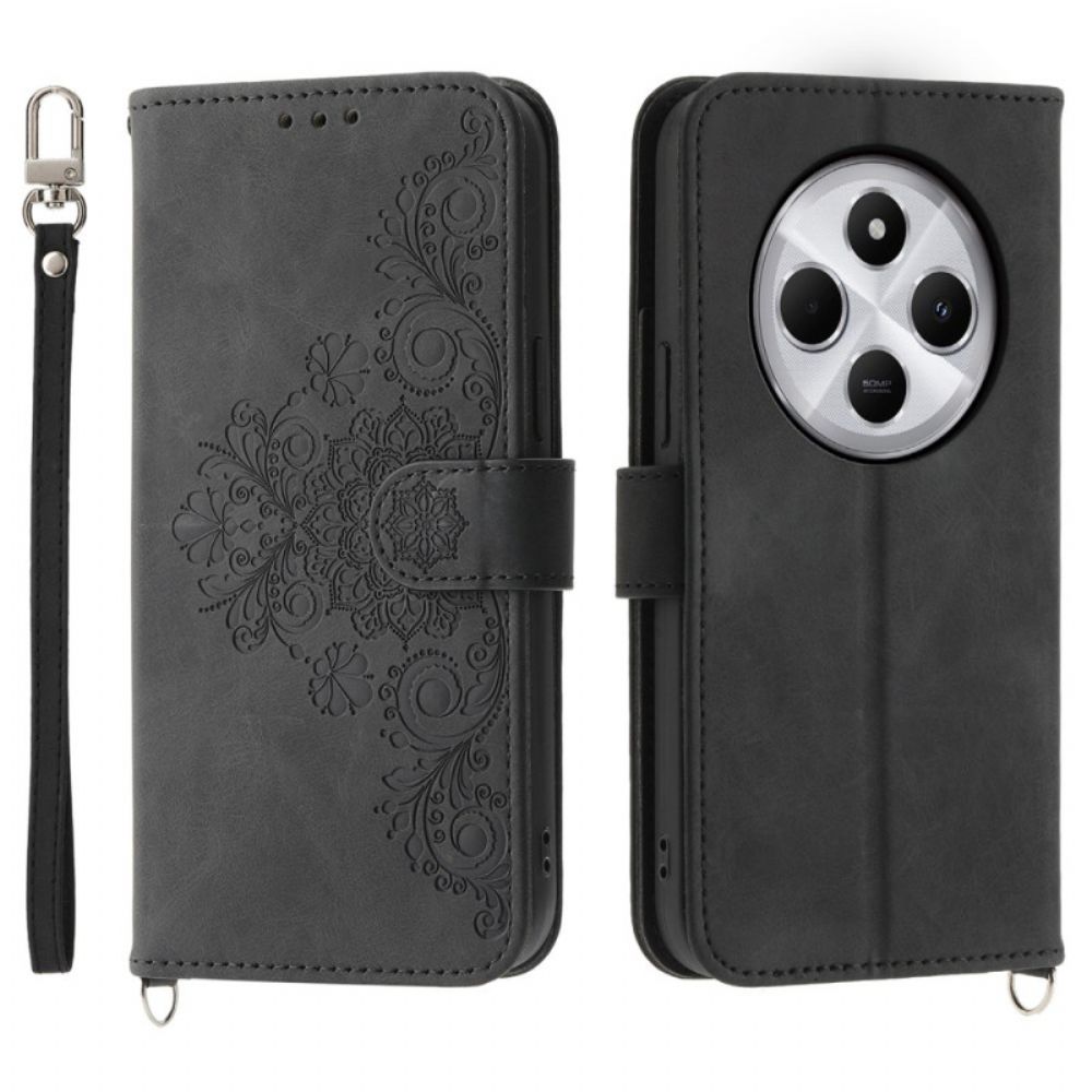 Leren Hoesje Voor Poco C75 Suède-effect Vetersluiting Met Bandje En Schouderband