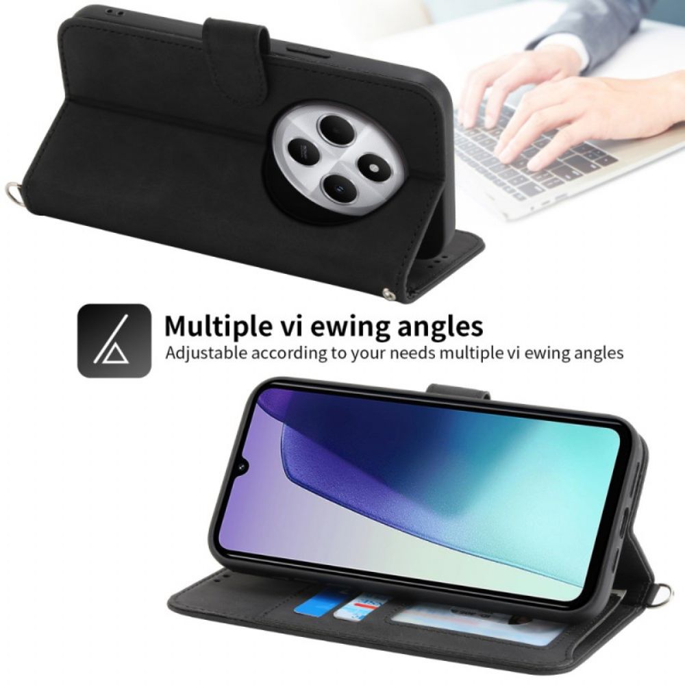 Leren Hoesje Voor Poco C75 Suède-effect Vetersluiting Met Bandje En Schouderband