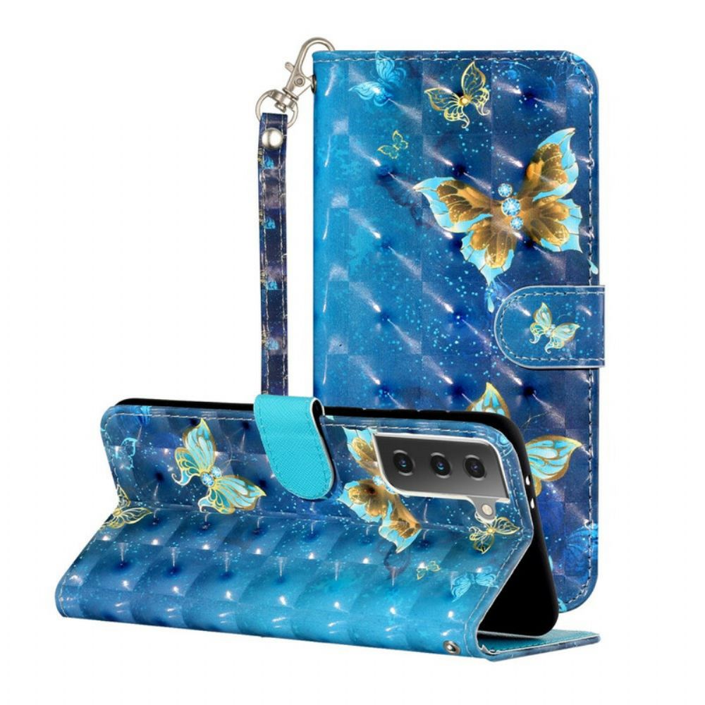 Flip Case voor Samsung Galaxy S21 5G Lichtvlek Vlinders Met Koord