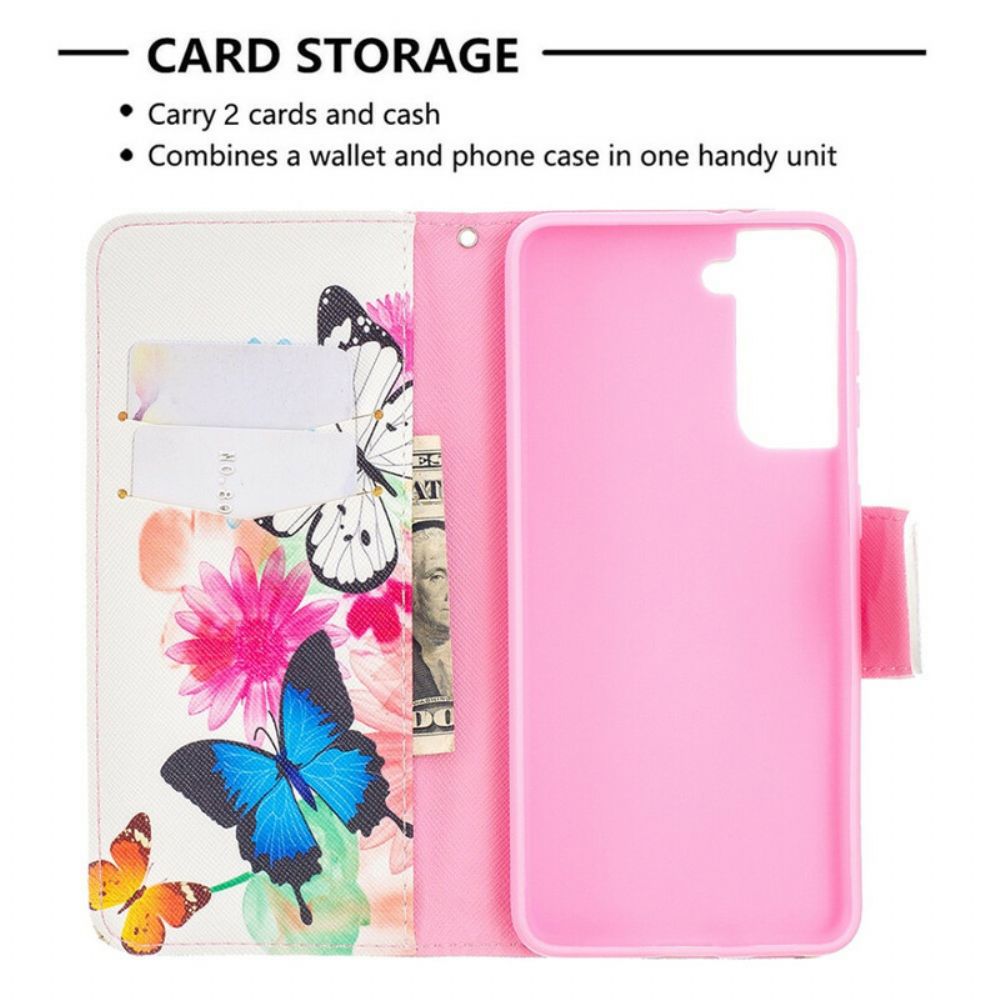 Folio-hoesje voor Samsung Galaxy S21 5G Geschilderde Vlinders En Bloemen