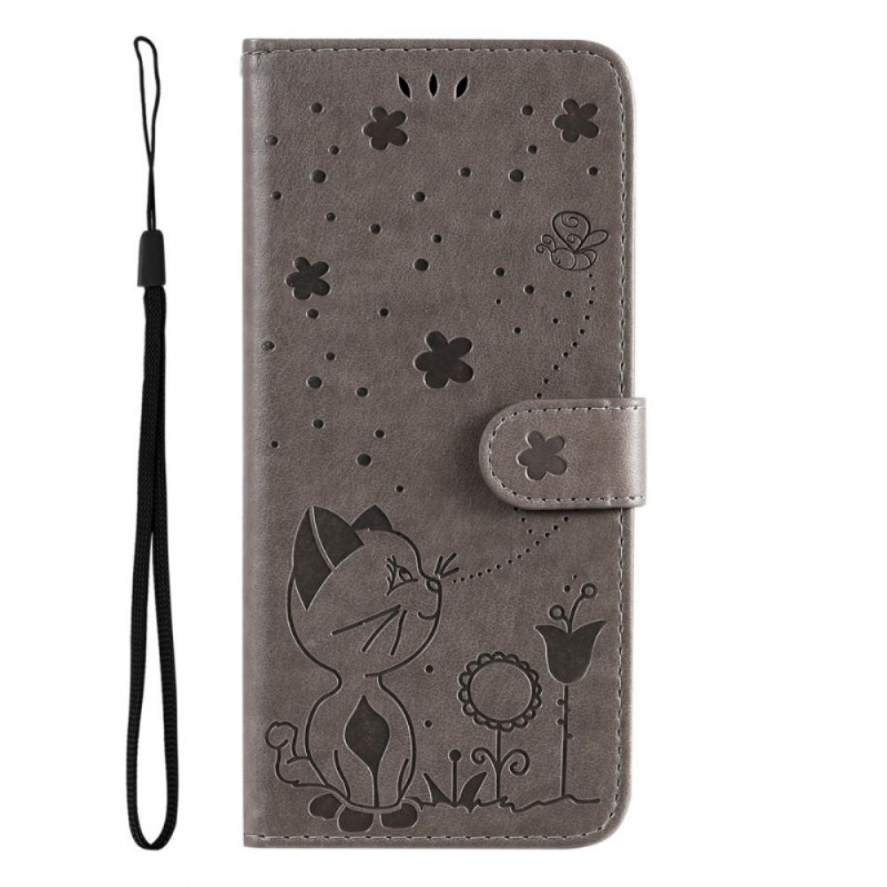 Flip Case voor Poco M4 Pro 5G Met Ketting Kat En Bij Met Riem