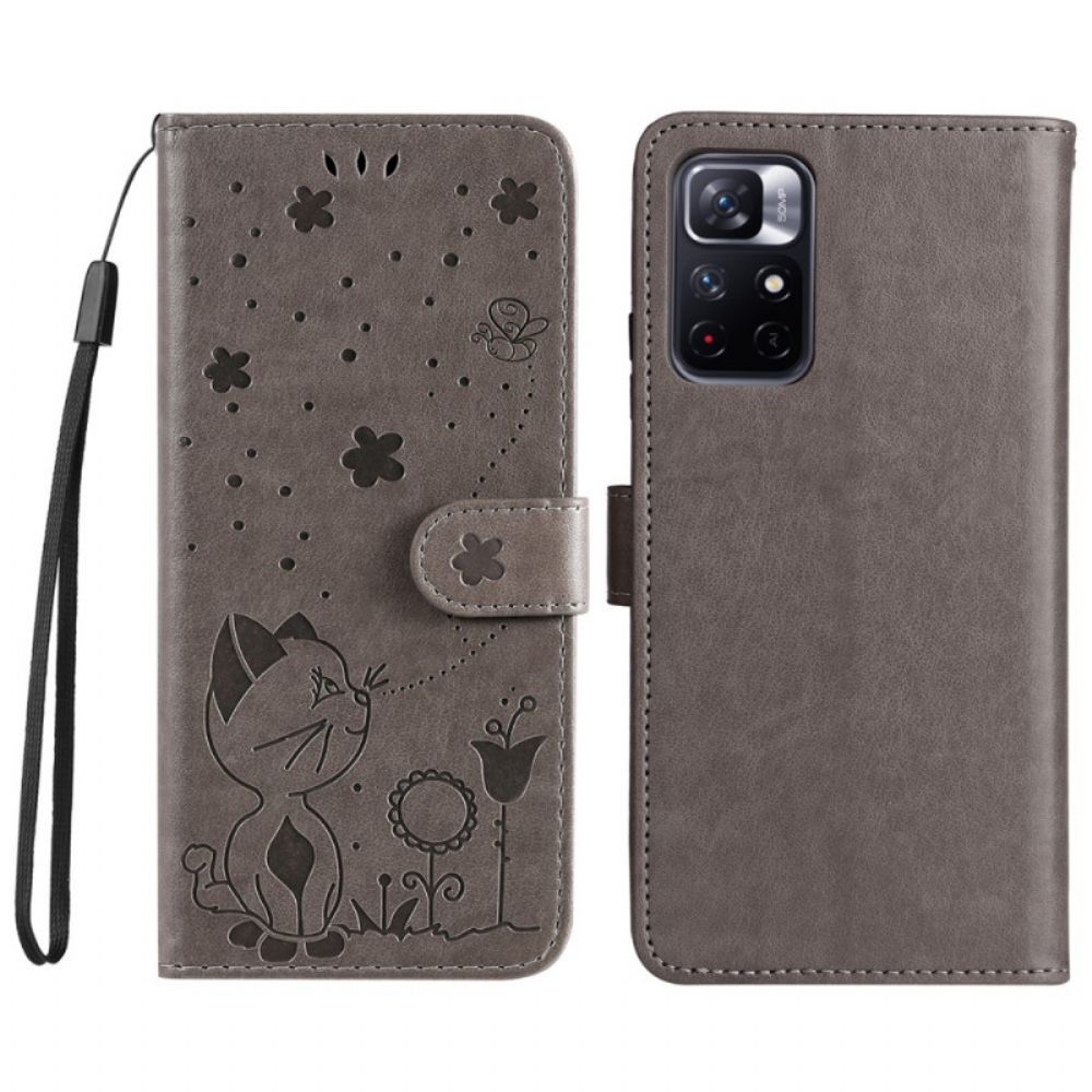 Flip Case voor Poco M4 Pro 5G Met Ketting Kat En Bij Met Riem