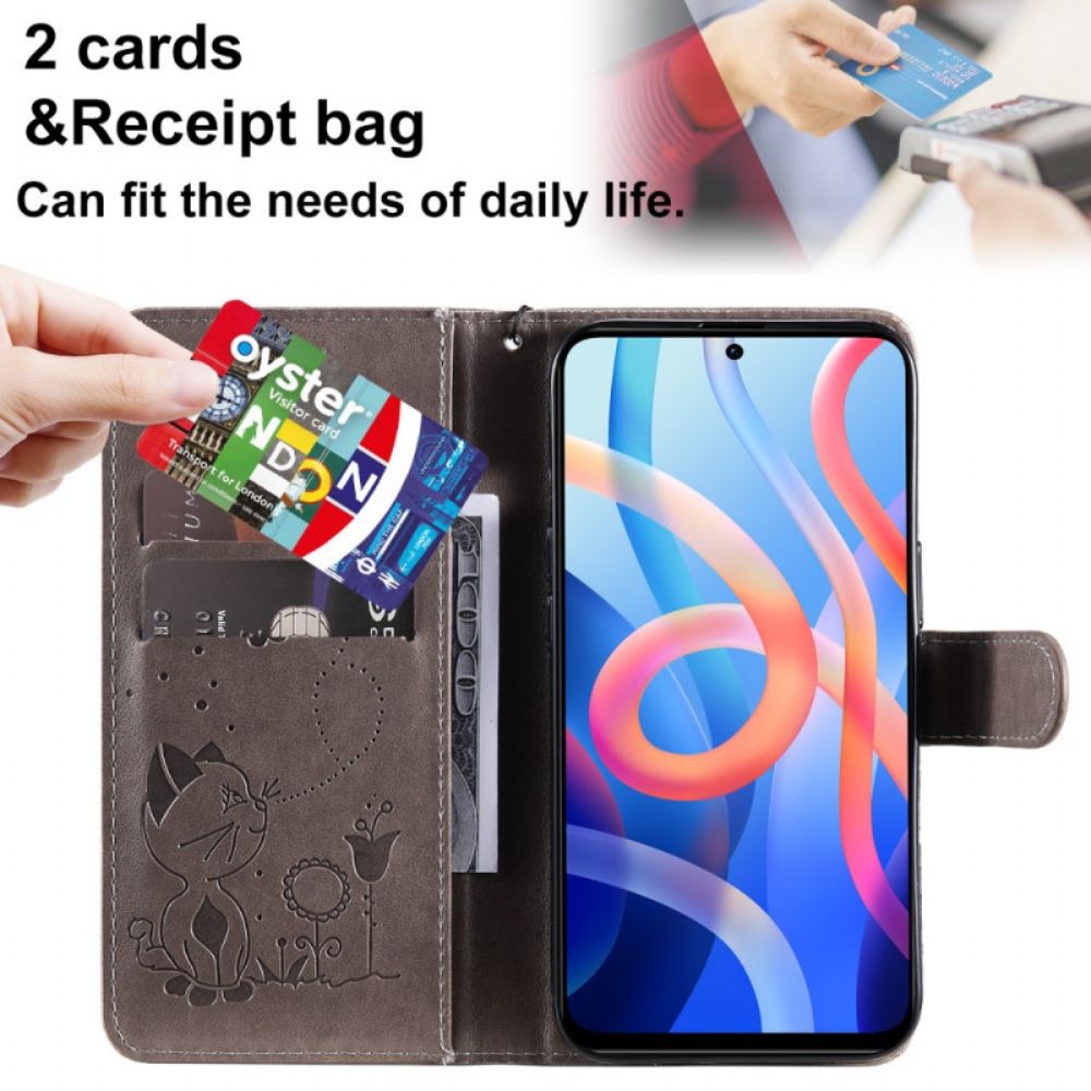 Flip Case voor Poco M4 Pro 5G Met Ketting Kat En Bij Met Riem