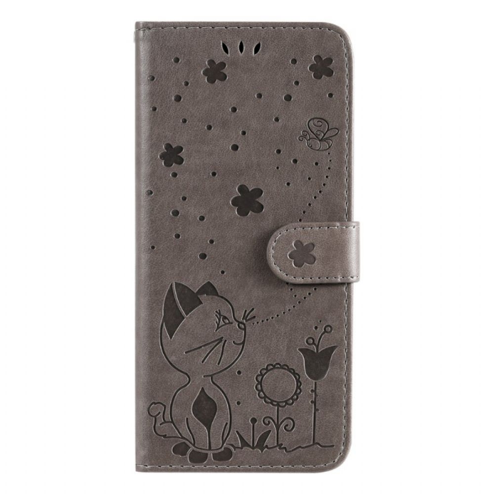 Flip Case voor Poco M4 Pro 5G Met Ketting Kat En Bij Met Riem