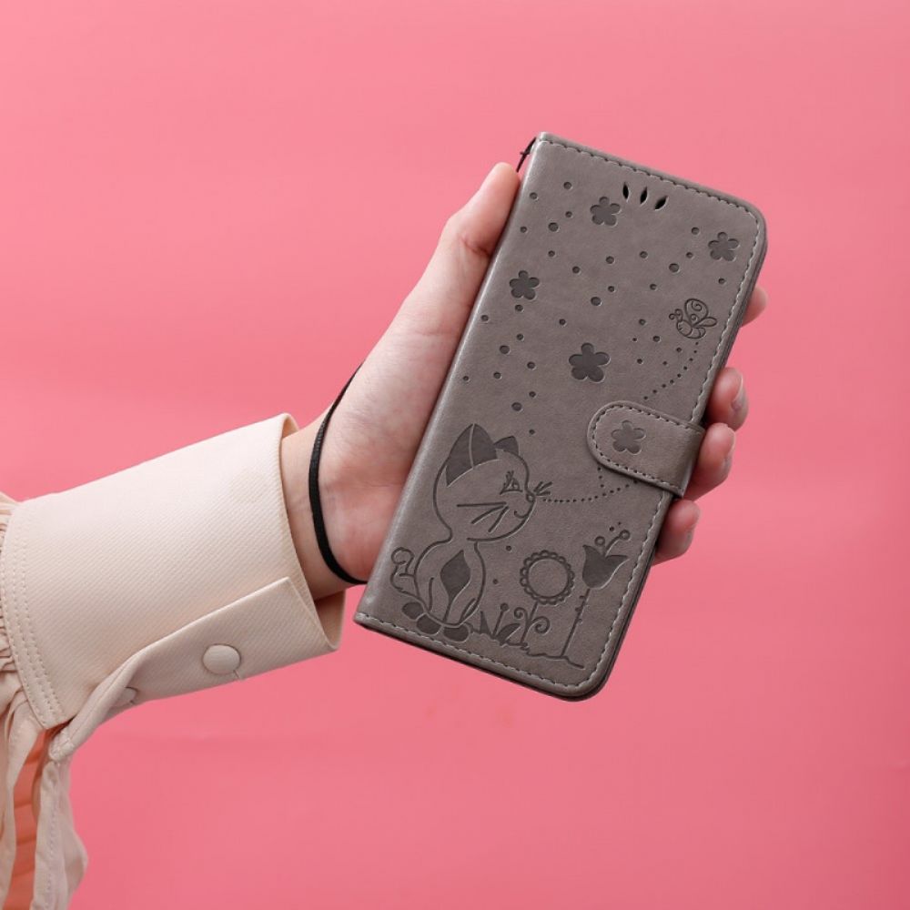 Flip Case voor Poco M4 Pro 5G Met Ketting Kat En Bij Met Riem