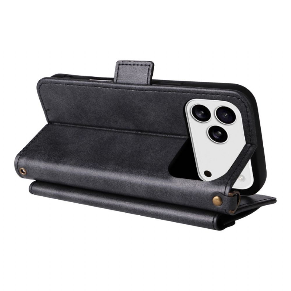 Flip Case Leren iPhone 17 Pro Retro Portemonnee Met Schouderband