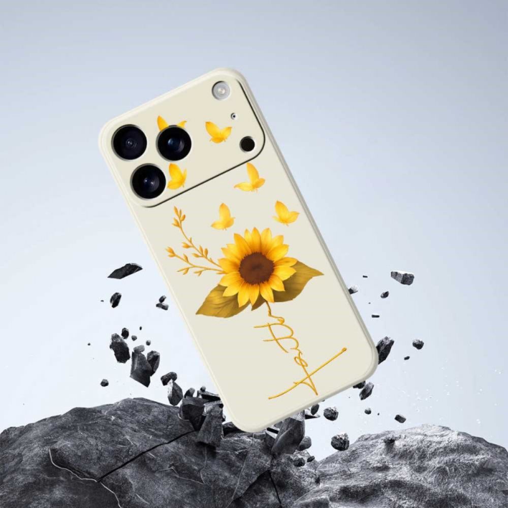 Hoesje iPhone 17 Pro Vloeibare Siliconen Met Zonnebloem En Vlinders Bescherming Hoesje