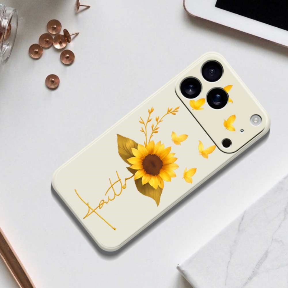 Hoesje iPhone 17 Pro Vloeibare Siliconen Met Zonnebloem En Vlinders Bescherming Hoesje
