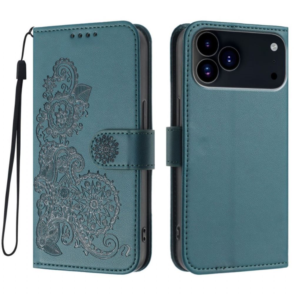 Leren Hoesje iPhone 17 Pro Bloemenkant Bescherming Hoesje