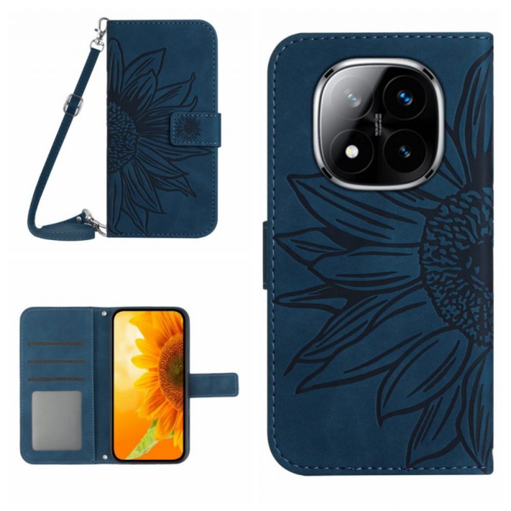 Leren Hoesje Voor Xiaomi Redmi Note 14 Pro 4g Schouderband Met Zonnebloemprint