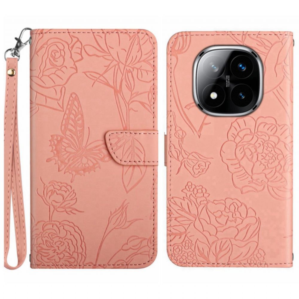 Leren Hoesje Voor Xiaomi Redmi Note 14 Pro 4g Vlinderprint Met Riem