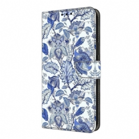 Leren Hoesje Xiaomi Redmi Note 14 Pro 4g Blauw Bloemenpatroon Bescherming Hoesje