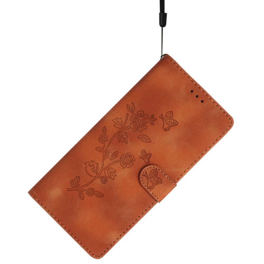 Leren Hoesje Xiaomi Redmi Note 14 Pro 4g Bloemen- En Vlinderdesign Bescherming Hoesje