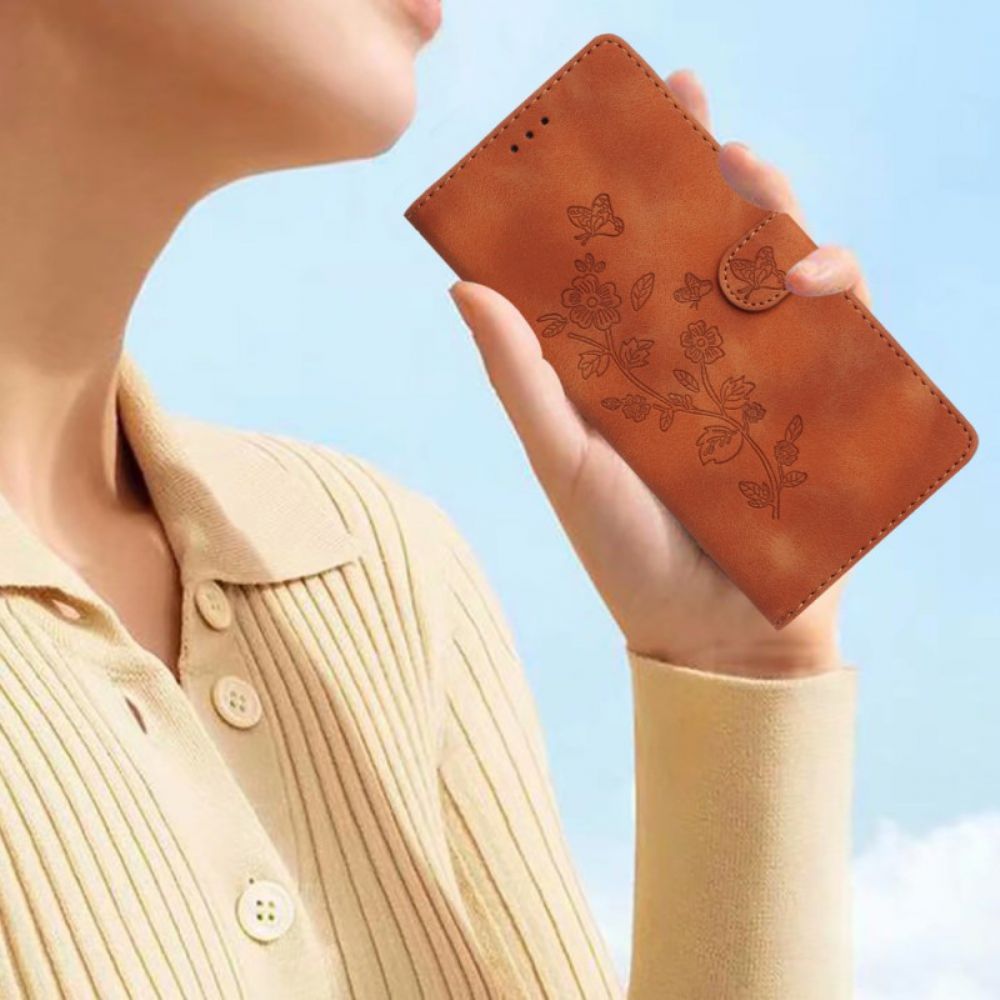 Leren Hoesje Xiaomi Redmi Note 14 Pro 4g Bloemen- En Vlinderdesign Bescherming Hoesje