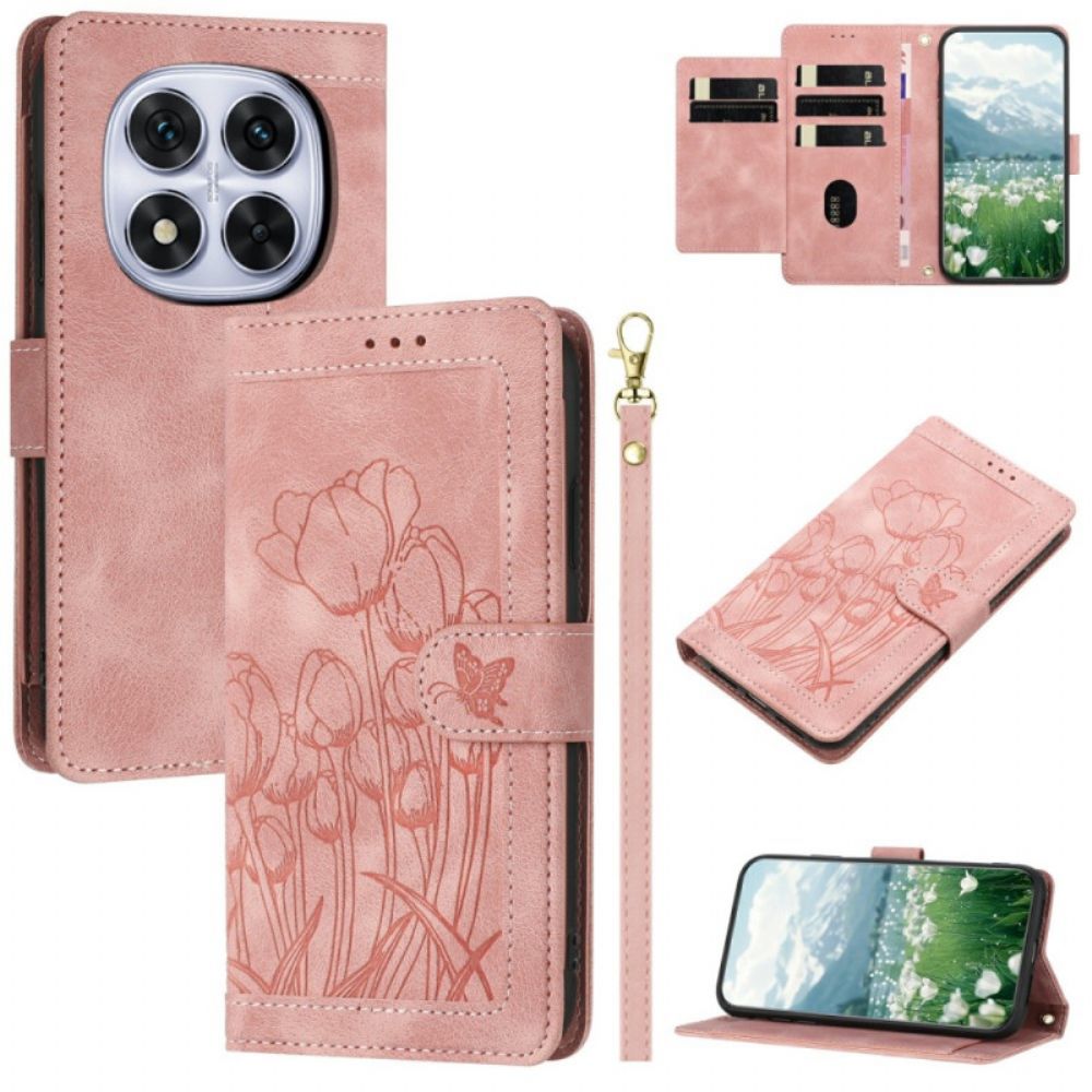Leren Hoesje Xiaomi Redmi Note 14 Pro 4g Bloemenpatroon Met Bandje Bescherming Hoesje