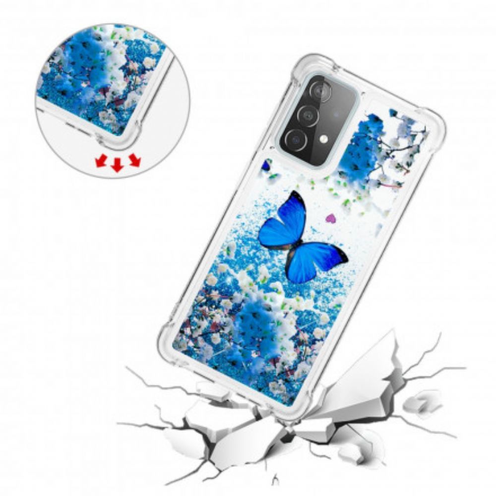 Hoesje voor Samsung Galaxy A52 4G / A52 5G / A52s 5G Blauwe Glittervlinders