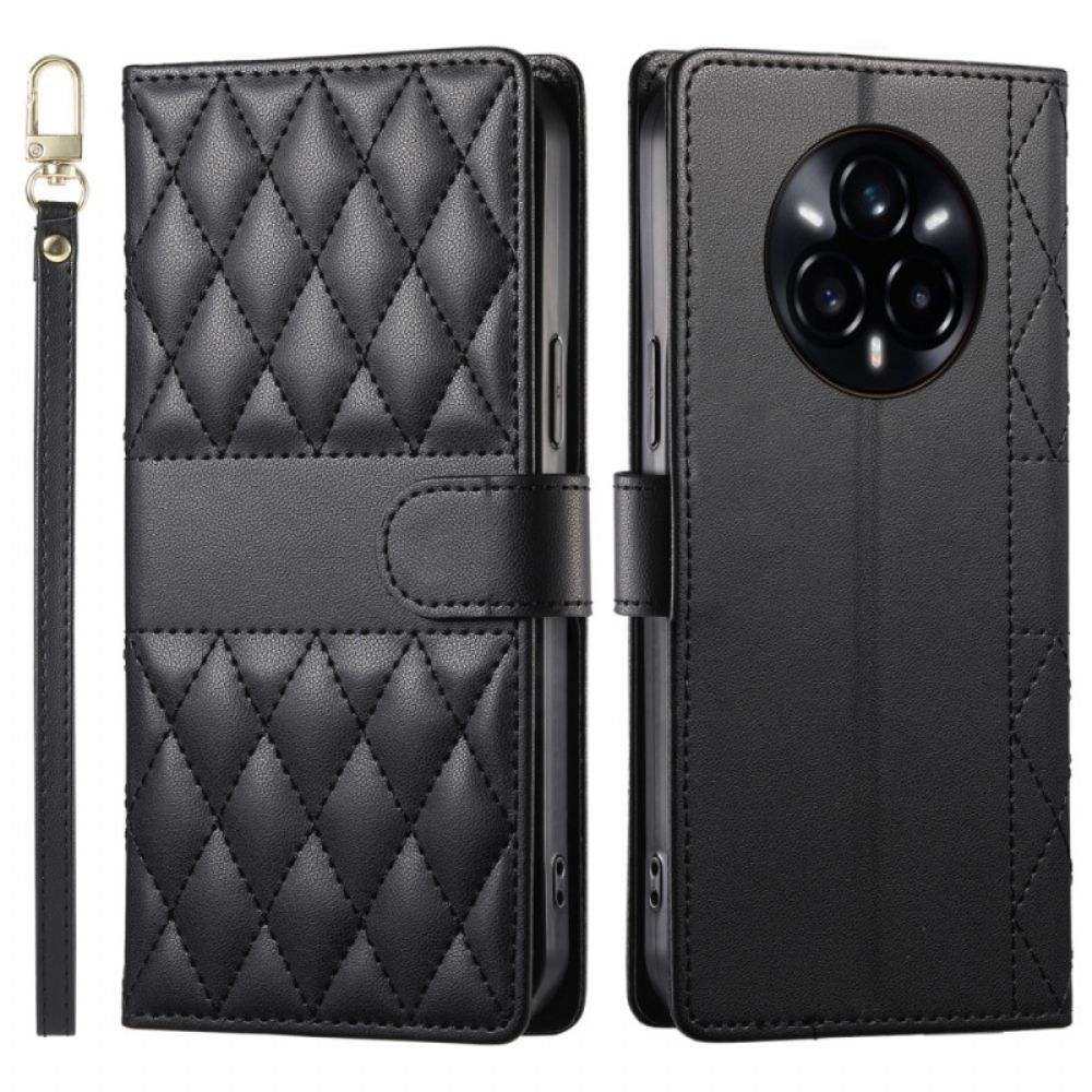 Flip Case Leren Realme 14 Pro 5g Gewatteerd Ontwerp Met Bandje En Schouderband