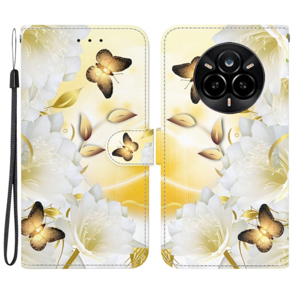 Flip Case Leren Realme 14 Pro 5g Gouden Vlinders En Witte Bloemen