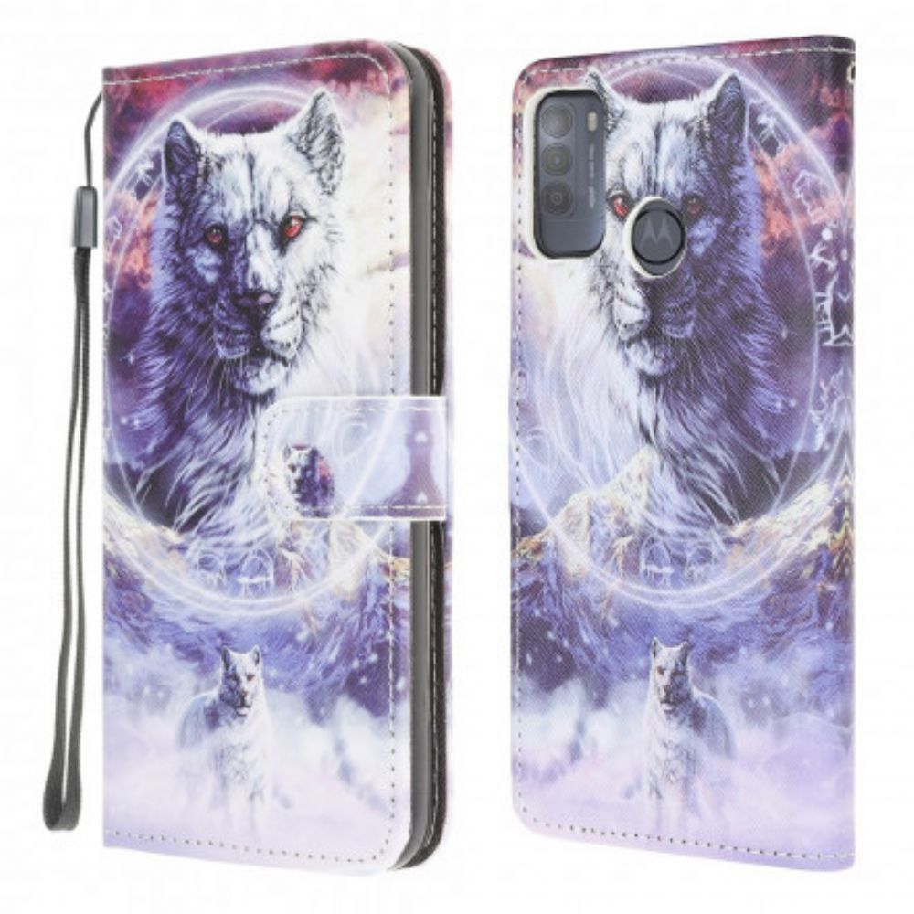 Folio-hoesje voor Moto G50 Winterwolf Met Koord