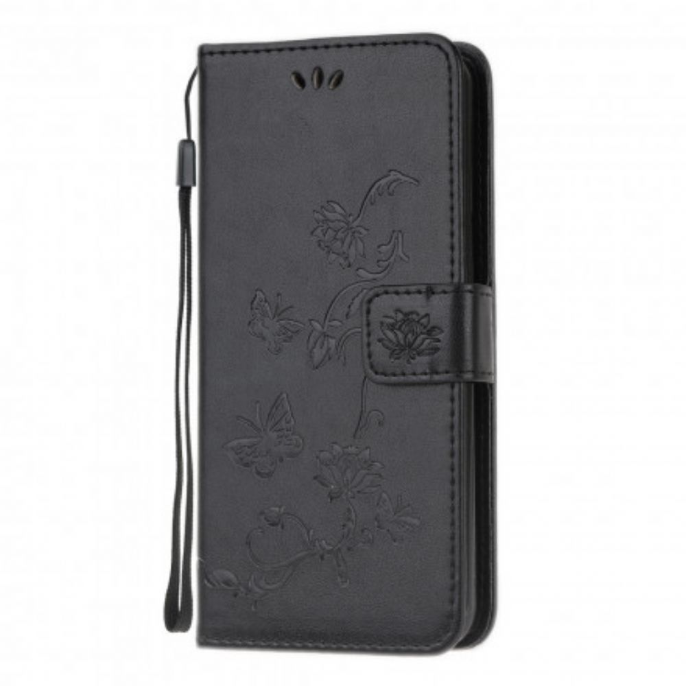 Leren Hoesje voor Moto G50 Met Ketting Thong Vlinders En Bloemen