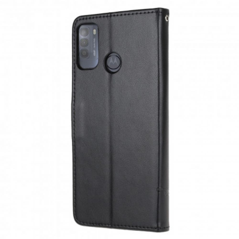 Leren Hoesje voor Moto G50 Met Ketting Thong Vlinders En Bloemen