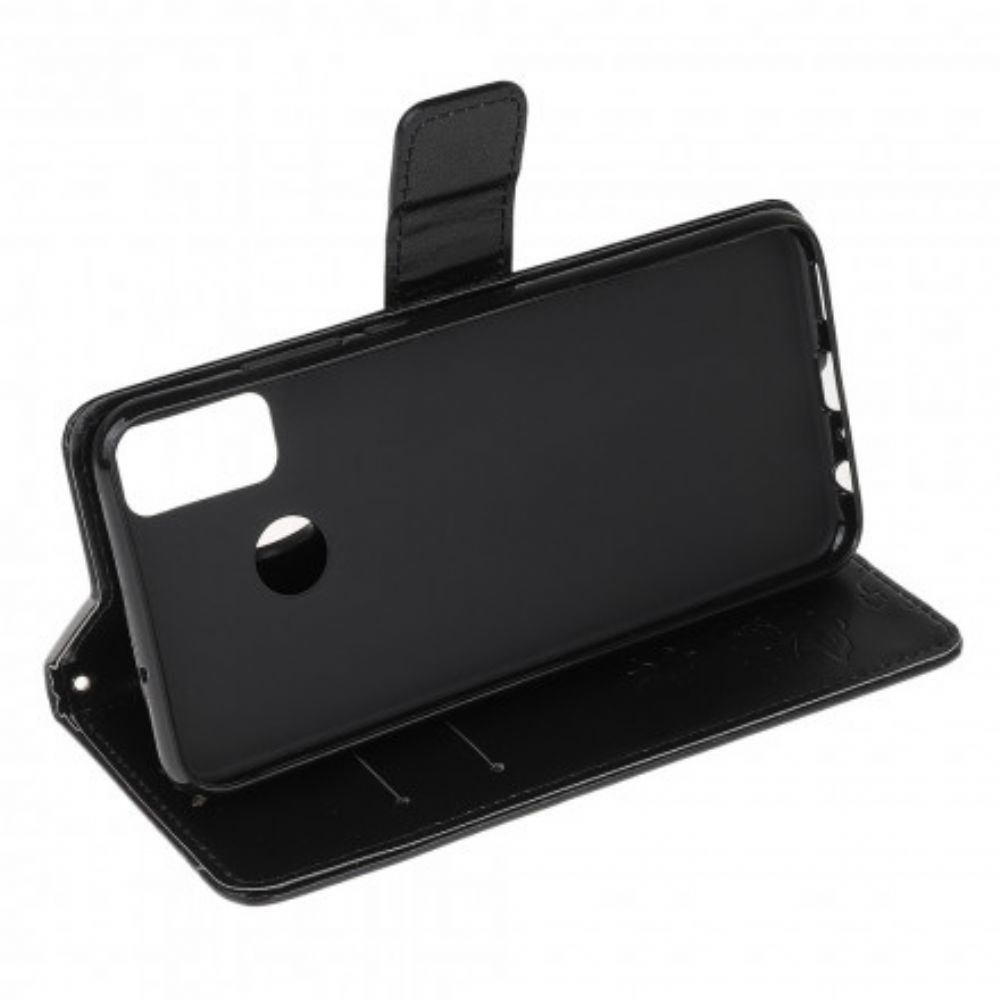 Leren Hoesje voor Moto G50 Met Ketting Thong Vlinders En Bloemen