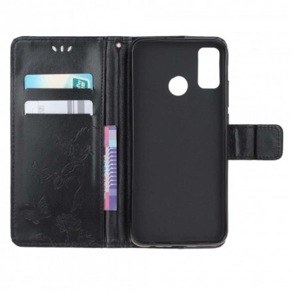 Leren Hoesje voor Moto G50 Met Ketting Thong Vlinders En Bloemen