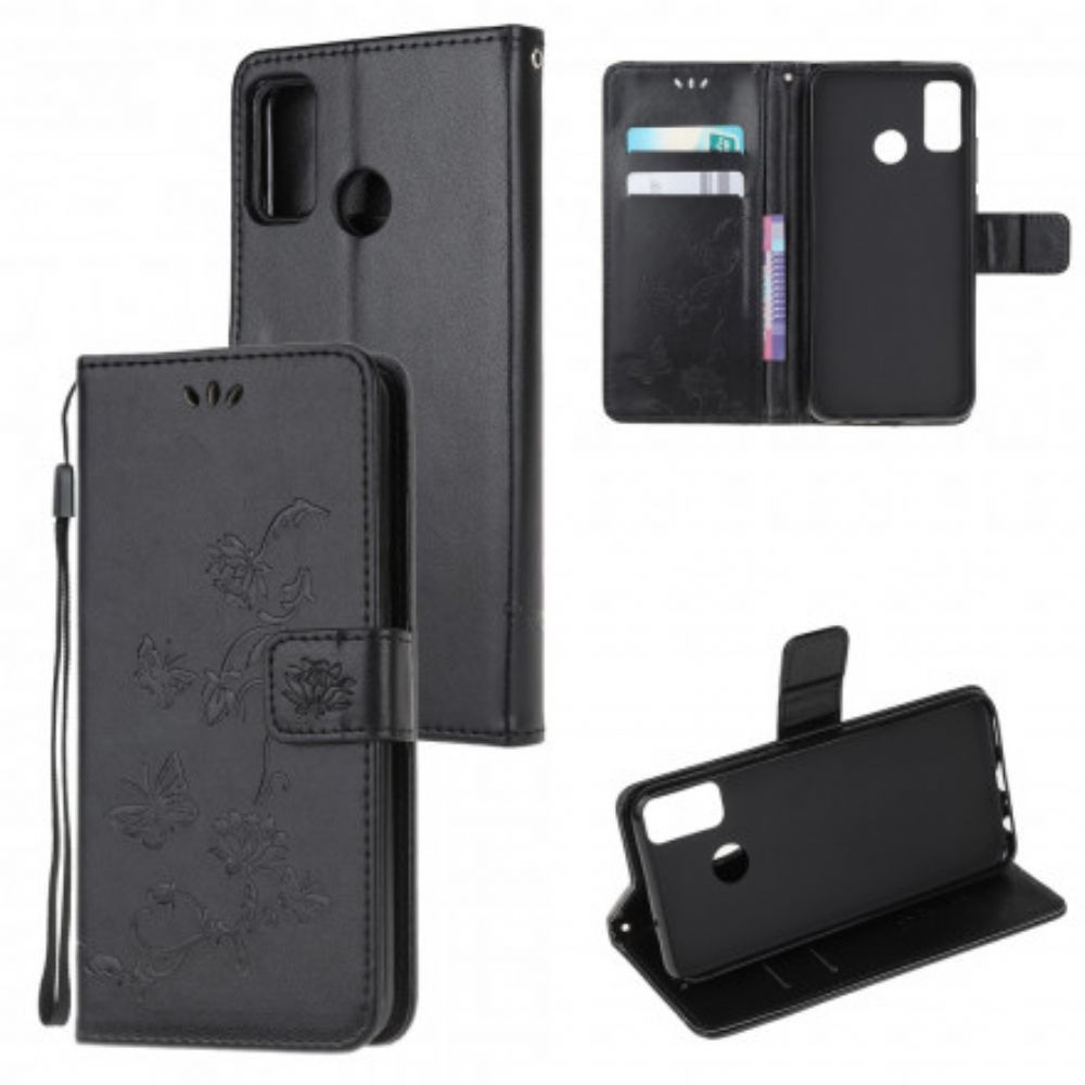 Leren Hoesje voor Moto G50 Met Ketting Thong Vlinders En Bloemen