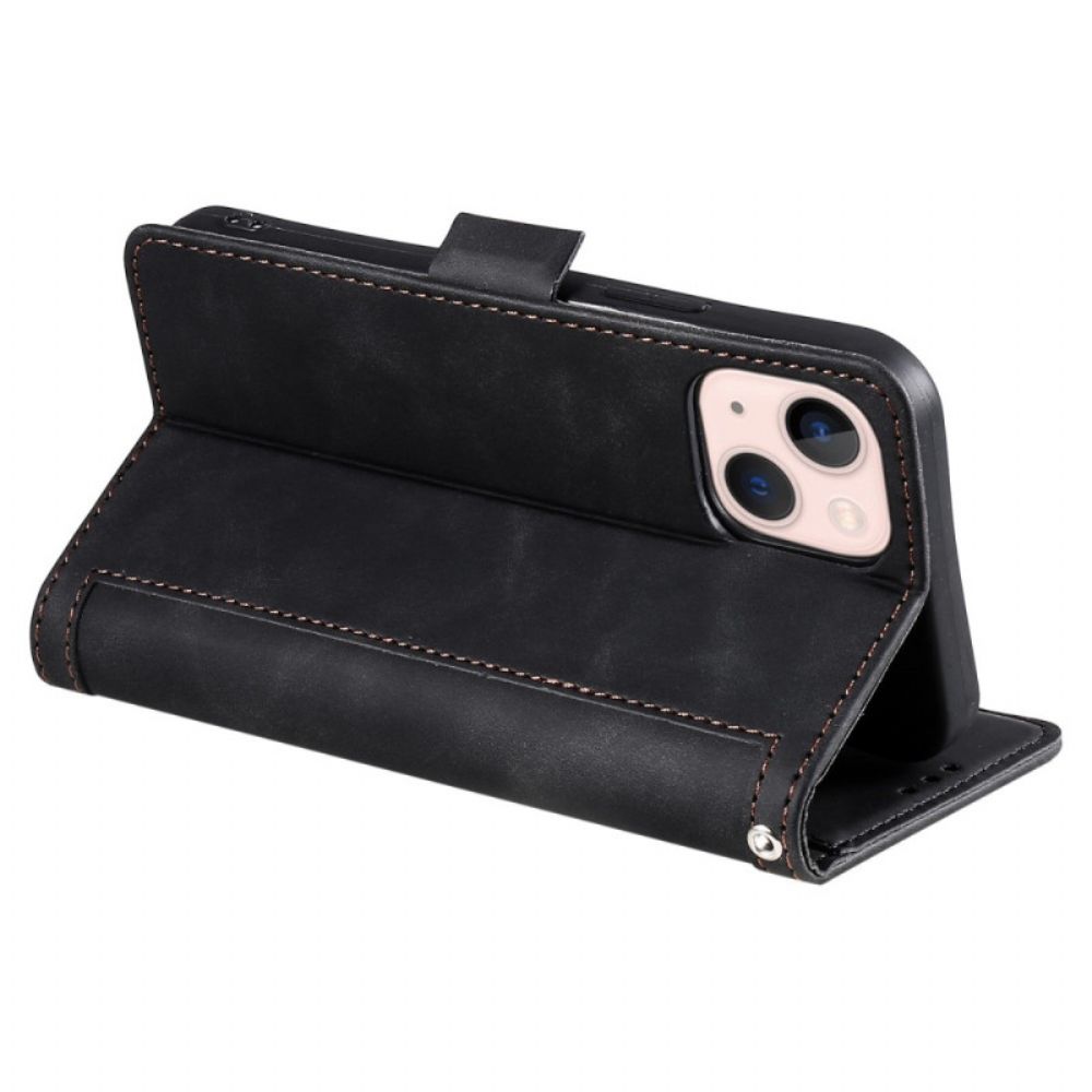 Leren Hoesje voor iPhone 14 Oplopende Naden En Dubbele Sluiting