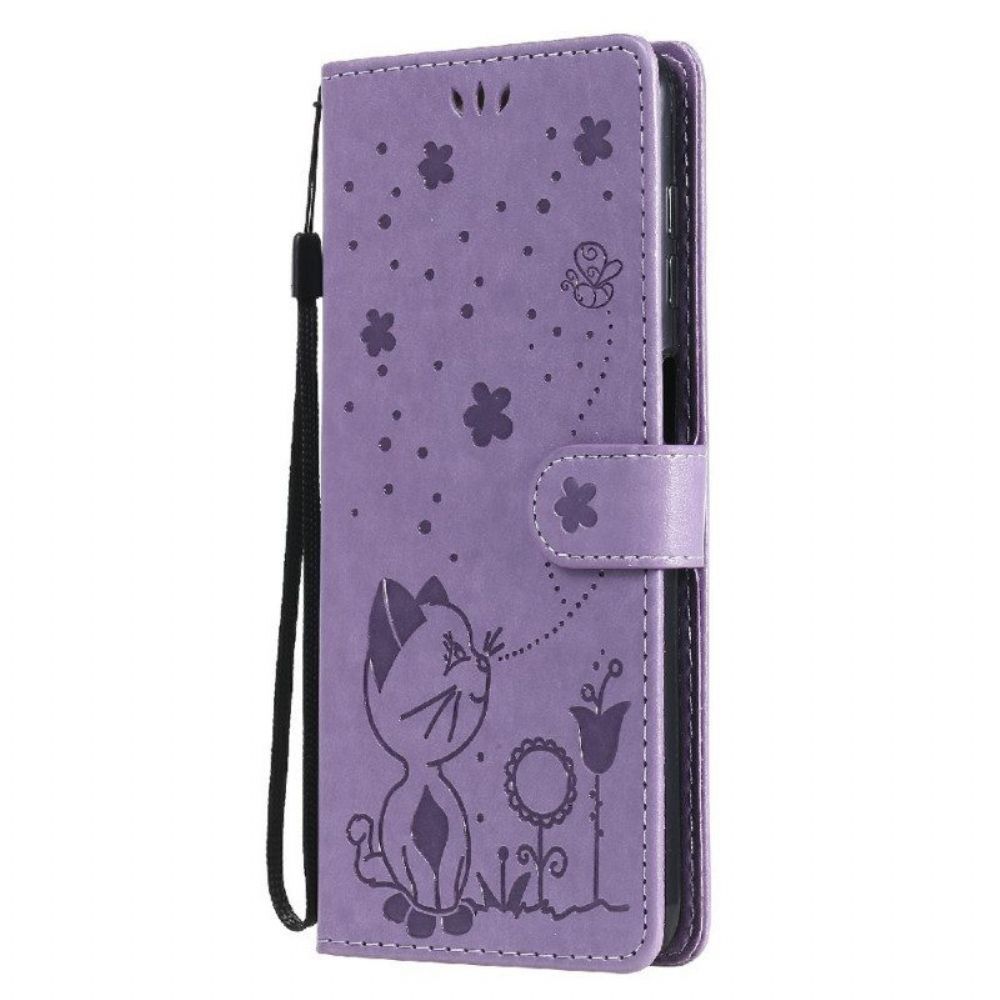 Leren Hoesje voor Samsung Galaxy M12 / A12 Met Ketting Kat En Bij Met Lanyard