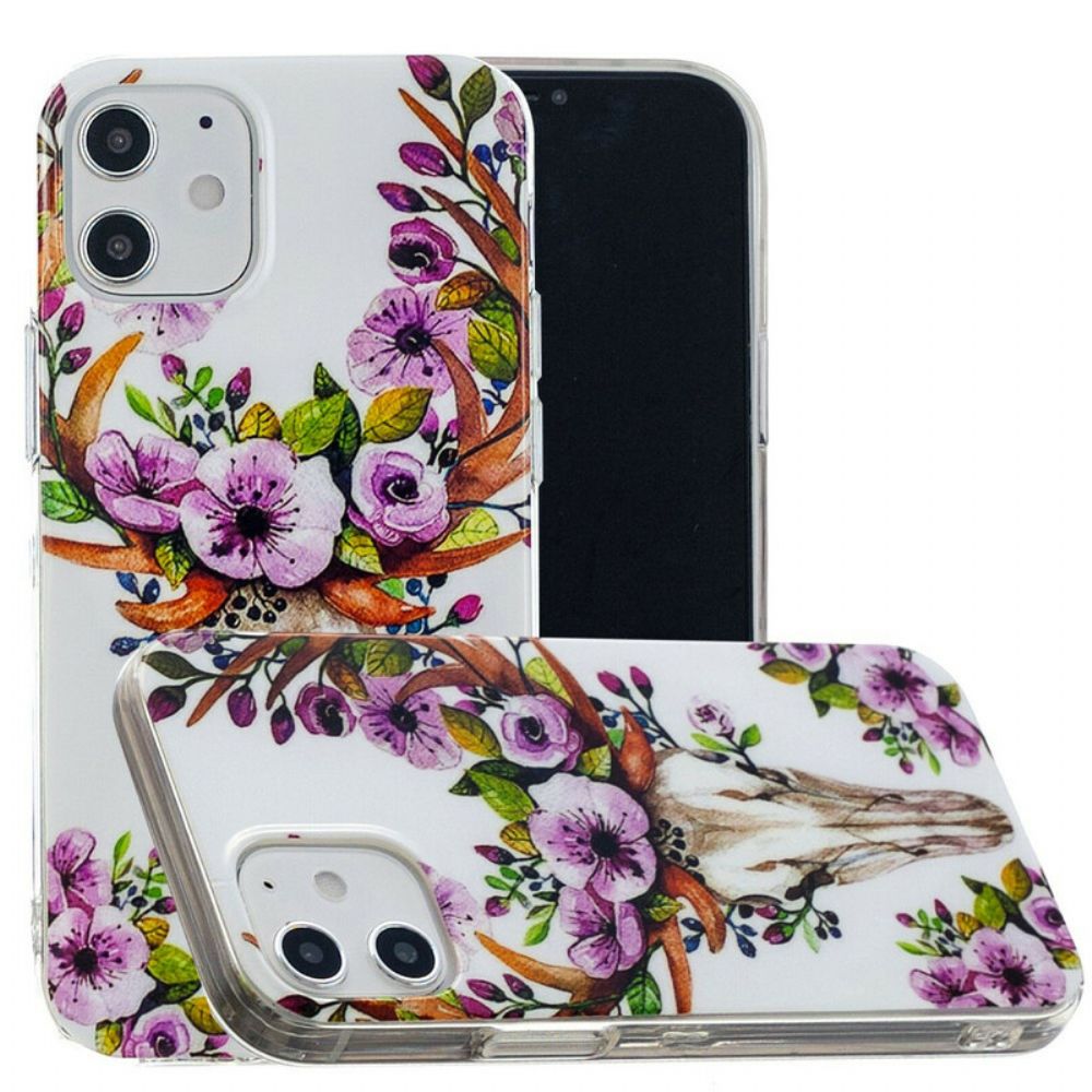 Hoesje voor iPhone 12 / 12 Pro Fluorescerende Eland Met Bloemen
