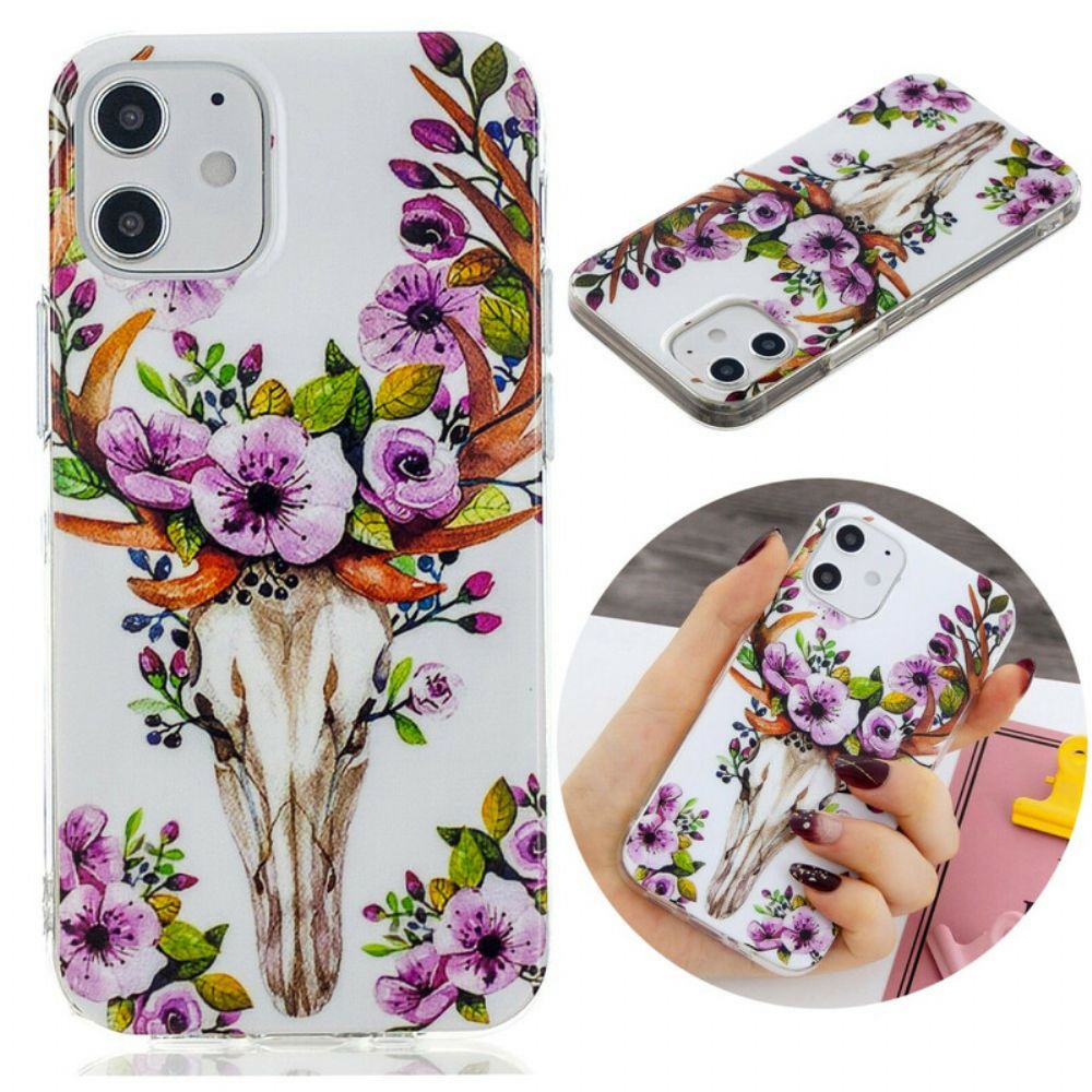 Hoesje voor iPhone 12 / 12 Pro Fluorescerende Eland Met Bloemen