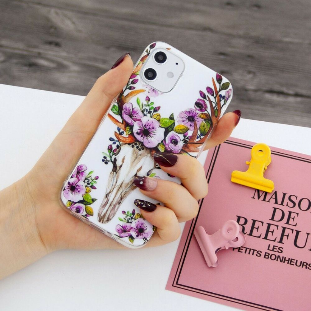Hoesje voor iPhone 12 / 12 Pro Fluorescerende Eland Met Bloemen