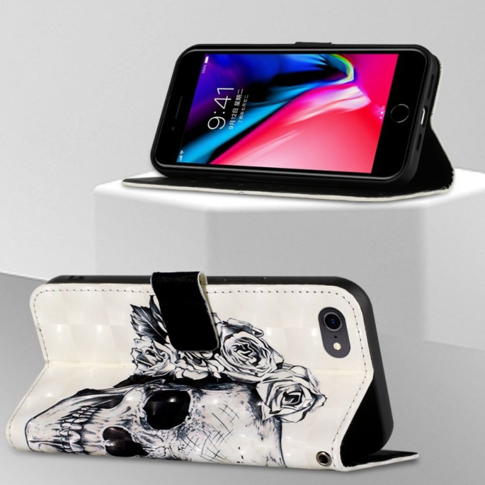 Folio-hoesje voor iPhone SE 3 / SE 2 / 8 / 7 Bloemenschedel
