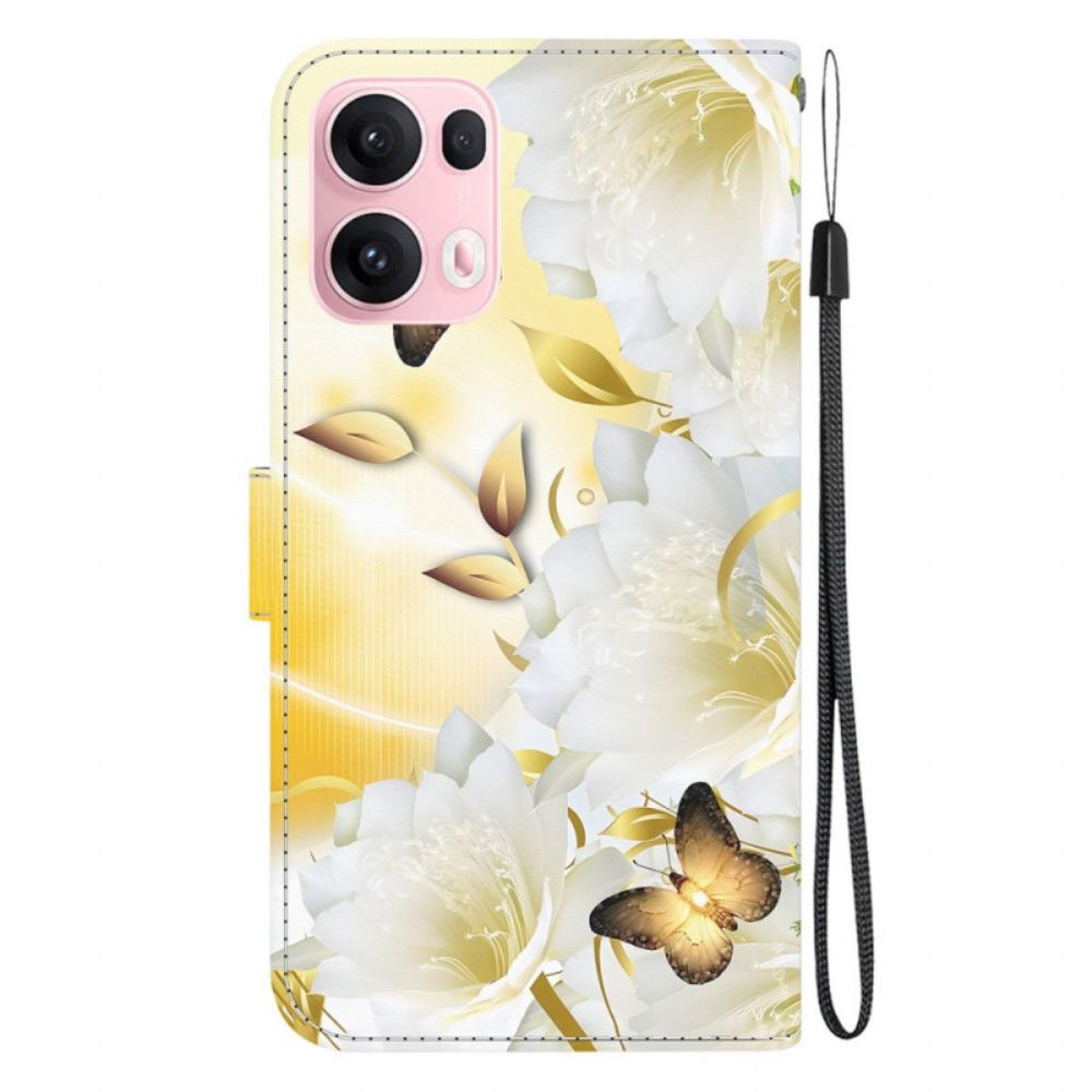 Leren Hoesje Voor Oppo Reno 13 Pro 5g Witte Vlinders En Witte Bloemen
