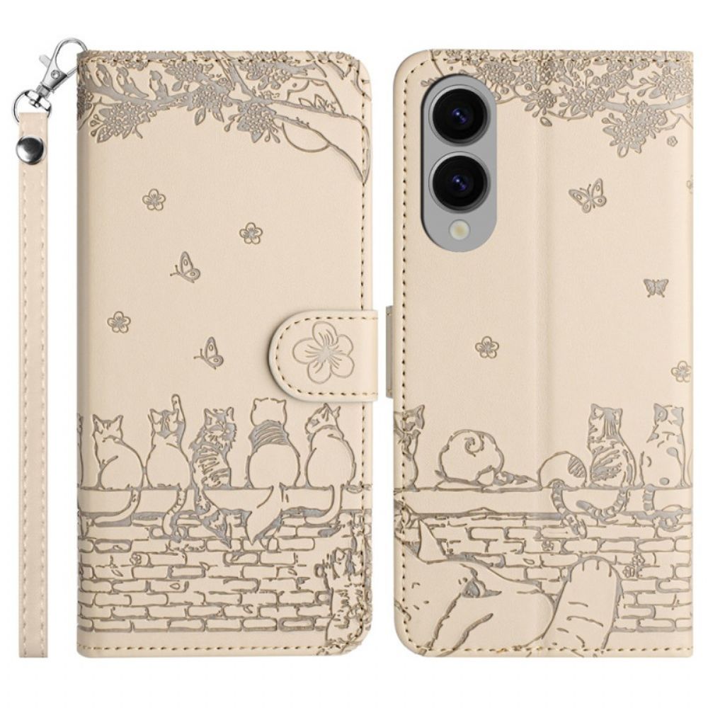 Leren Hoesje Voor Samsung Galaxy S25 5g Edge Kattenontwerp Met Bandje