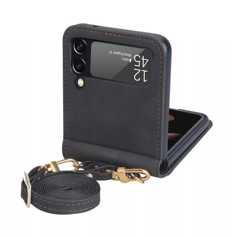 Hoesje voor Samsung Galaxy Z Flip 4 Folio-hoesje Leren Effect Stiksels En Schouderband